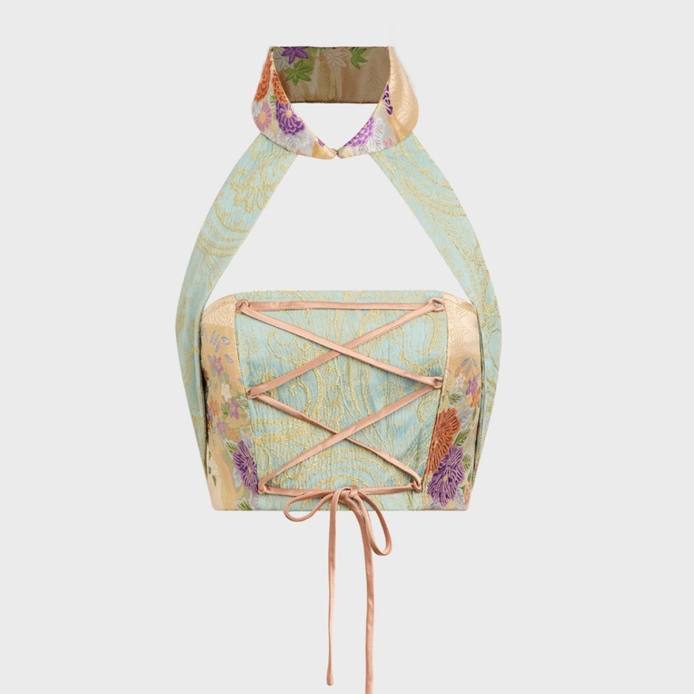 Kim Shui Pastel Aqua and Peach Brocade Halter Corset Top